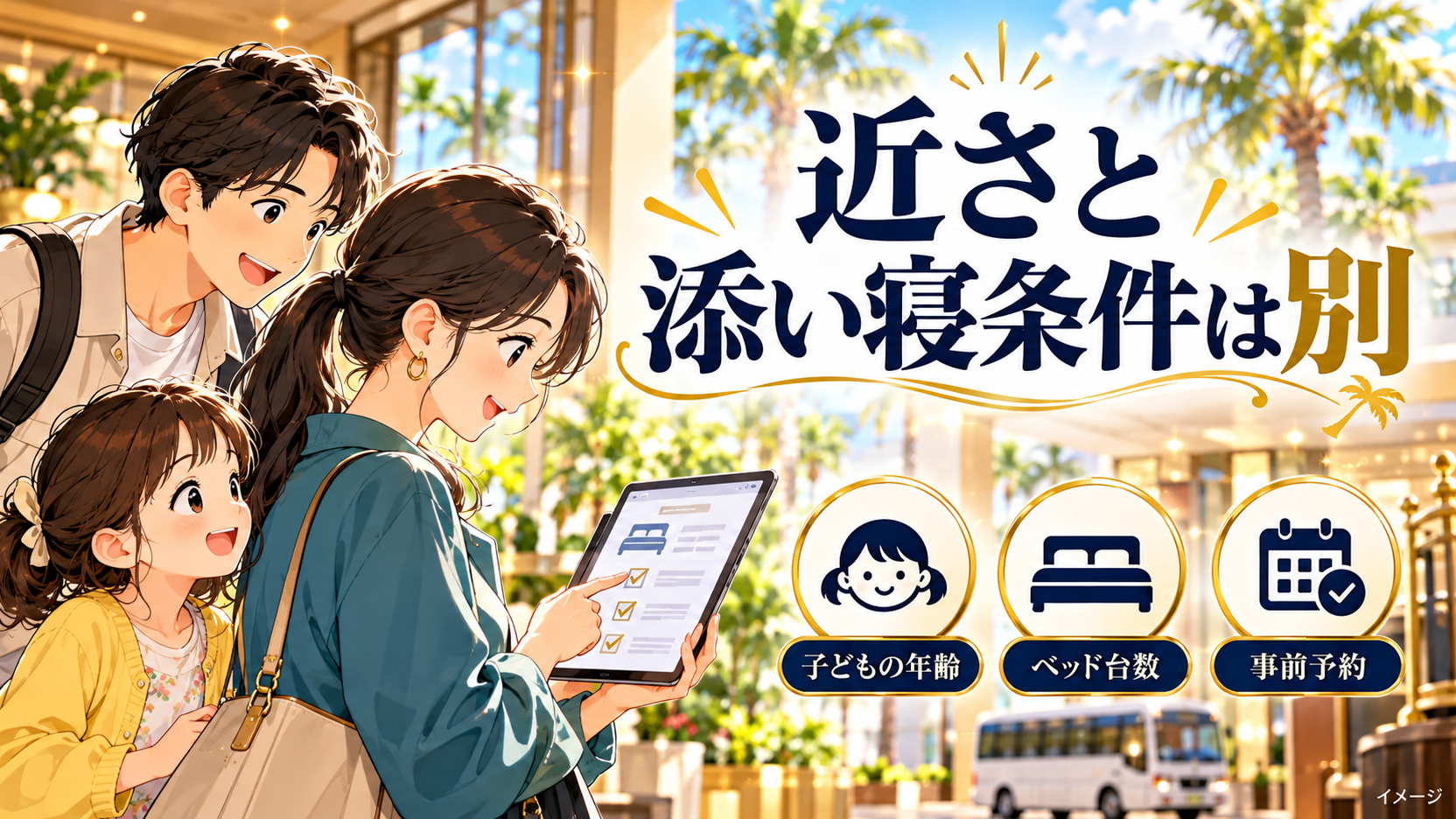 タブレットで予約条件を見る家族と、子どもの年齢、ベッド台数、事前予約の確認項目。