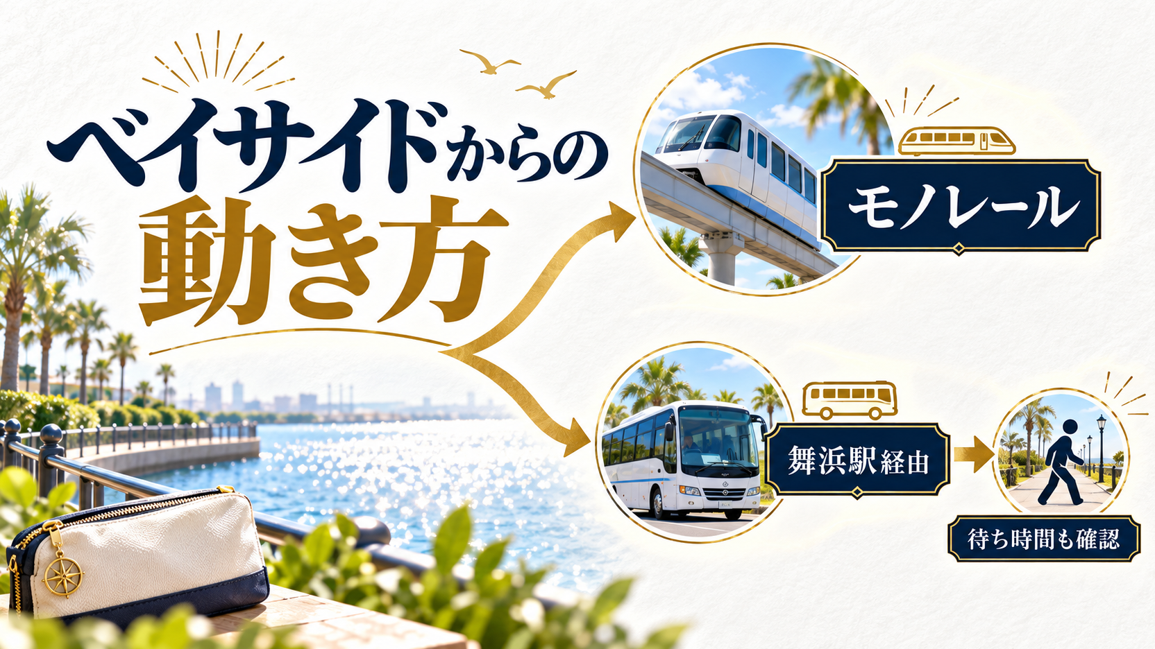 モノレールと舞浜駅経由の移動を、別々の選択肢として示した概念図。