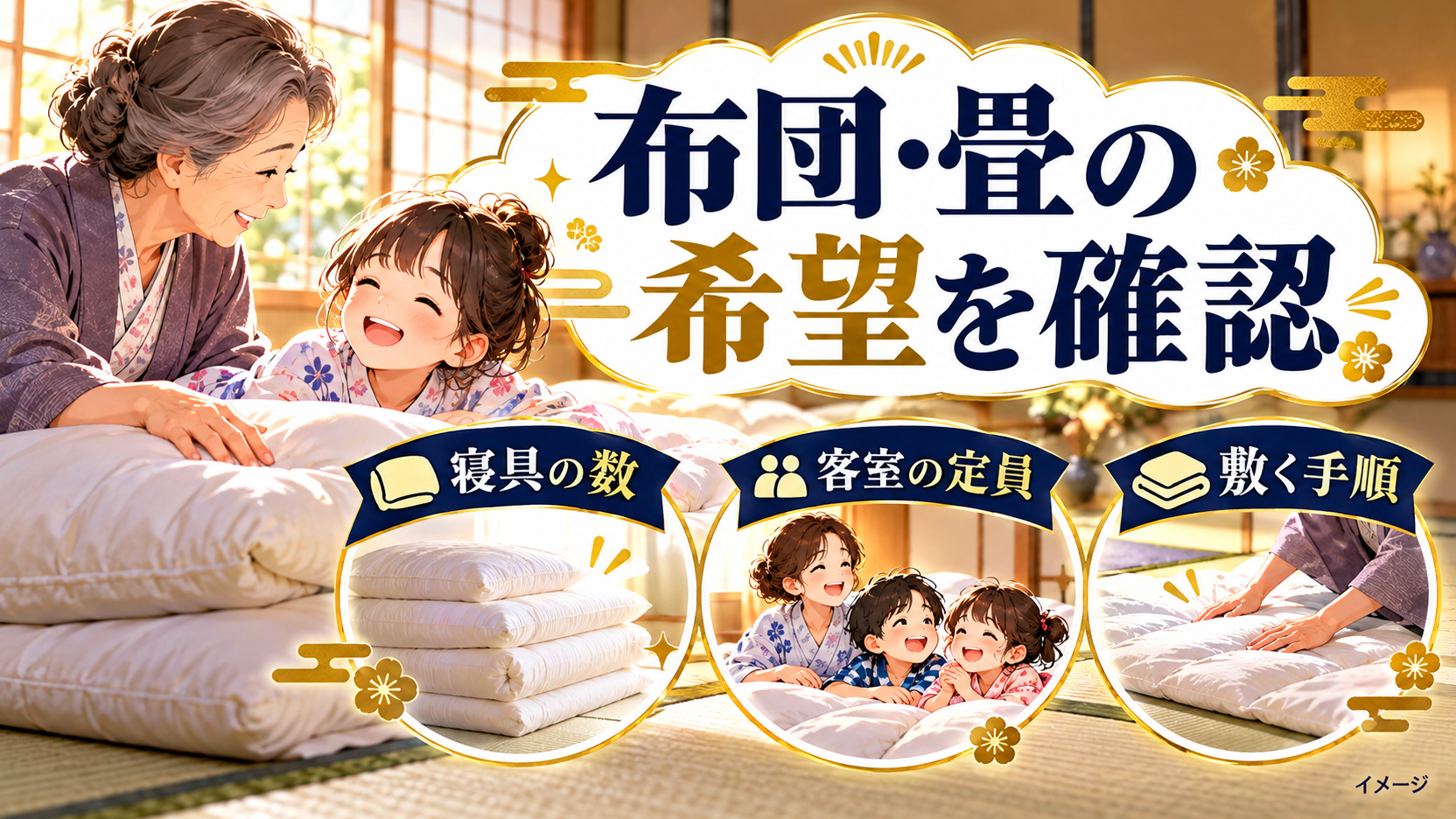 布団で過ごす祖母と孫、寝具の数や客室の定員を確認する項目。