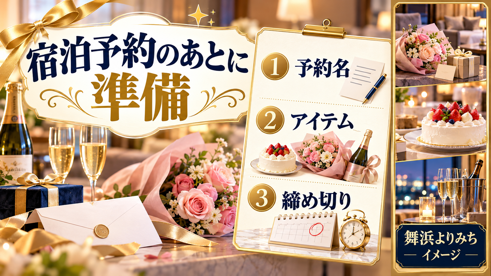 宿泊予約のあとに準備について、予約名・アイテム・締め切りを整理した図解