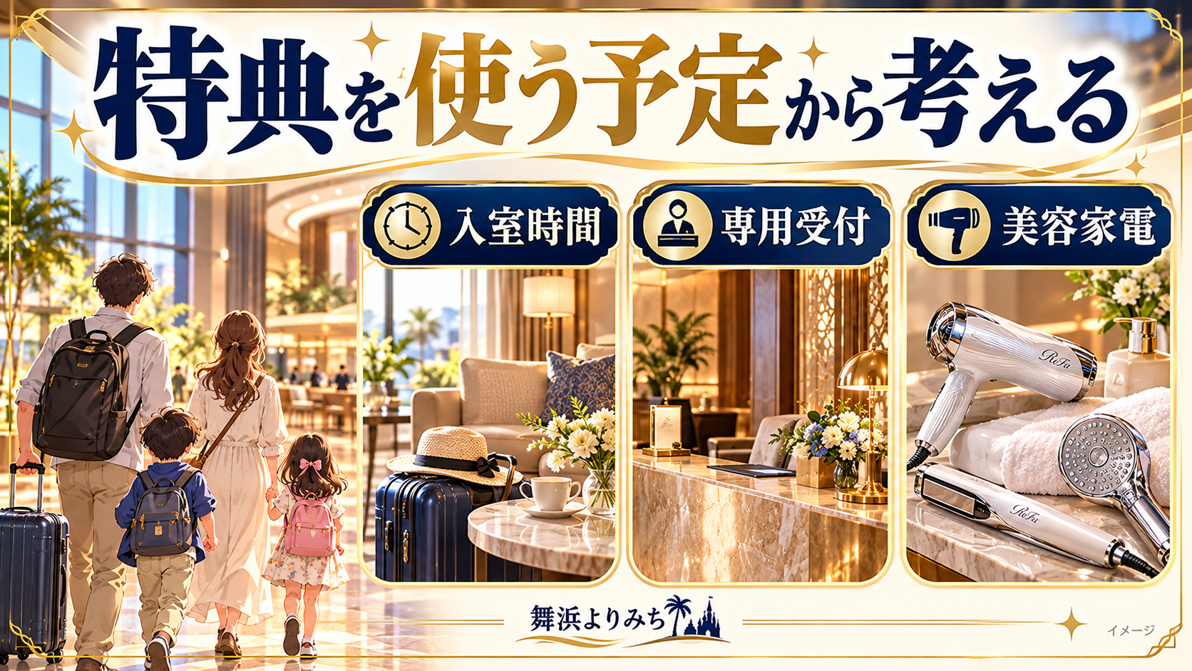 特典を使う予定から考えるについて、入室時間・専用受付・美容家電を示す図解