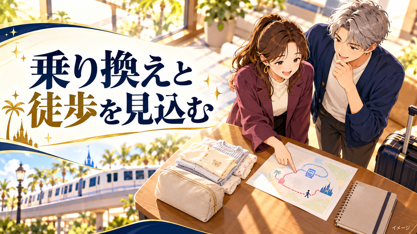 旅行者の男女が赤ちゃんの衣類とおむつ用ポーチをそばに置いて利用条件を相談するイメージ