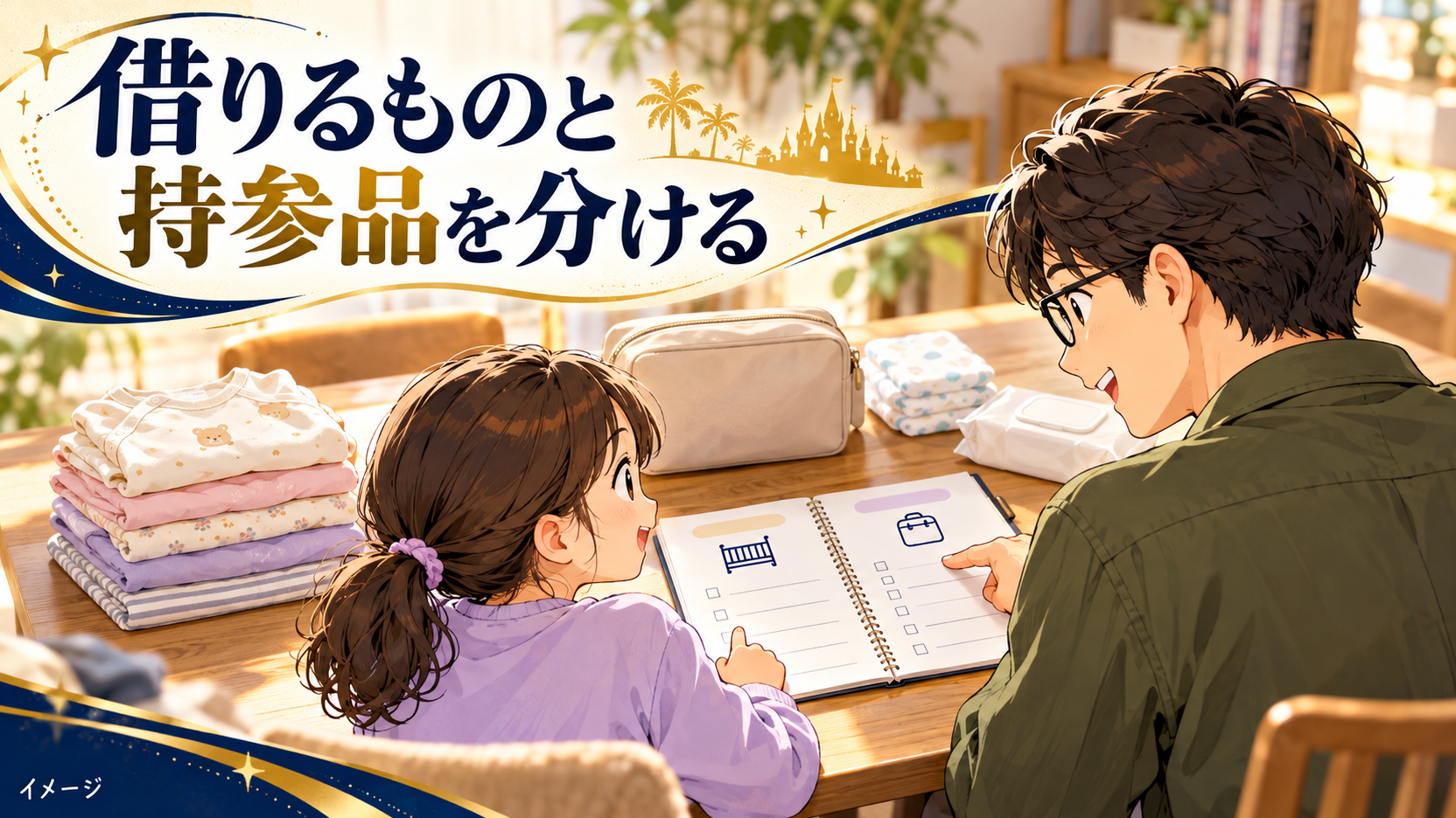 父親と子どもが赤ちゃんの衣類とおむつ用ポーチを使いながら予定を相談するイメージ