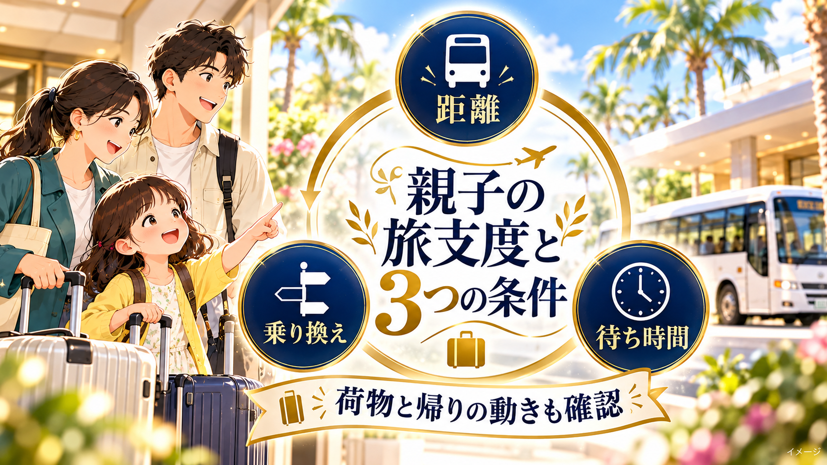 荷物を持つ親子と、距離、乗り換え、待ち時間を円形で整理した図解。