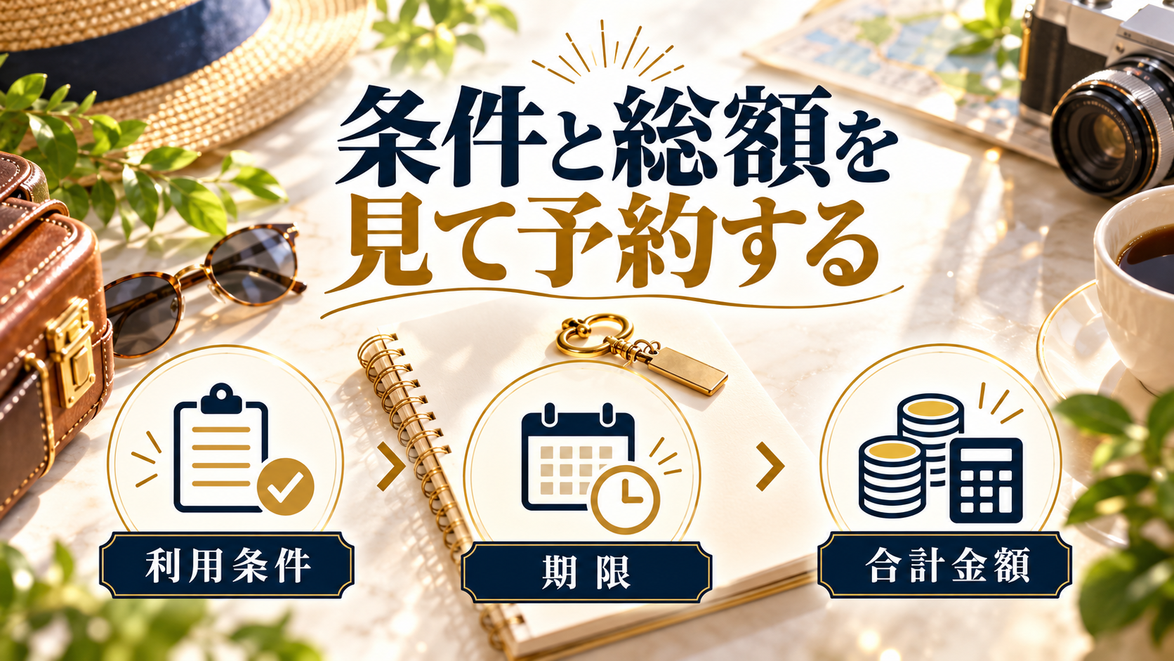 条件と総額を見て予約するについて、利用条件・期限・合計金額を旅行用品やイラストで整理した図