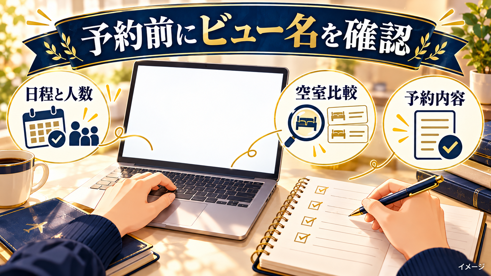 日程と人数を決め、空室と予約内容のビュー名を確認する手元