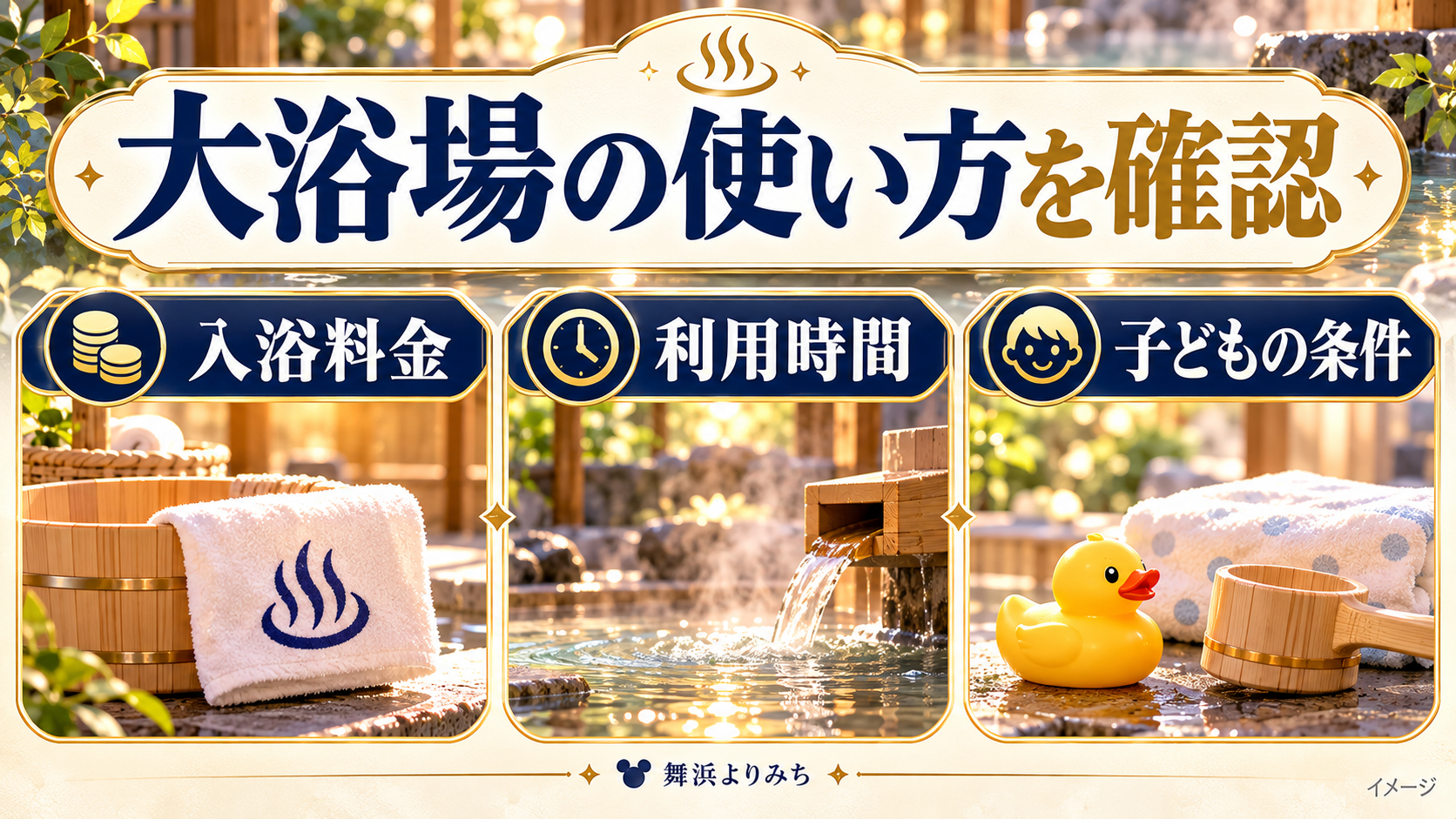 大浴場の使い方を確認について、入浴料金・利用時間・子どもの条件を示す図解