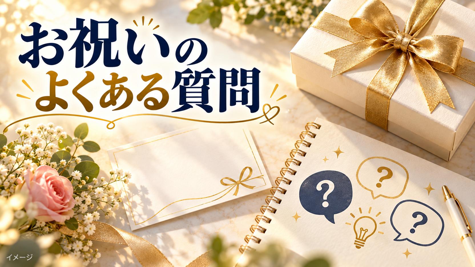 机の上に並べた花とお祝いカードを使って利用前の確認点を示すイメージ