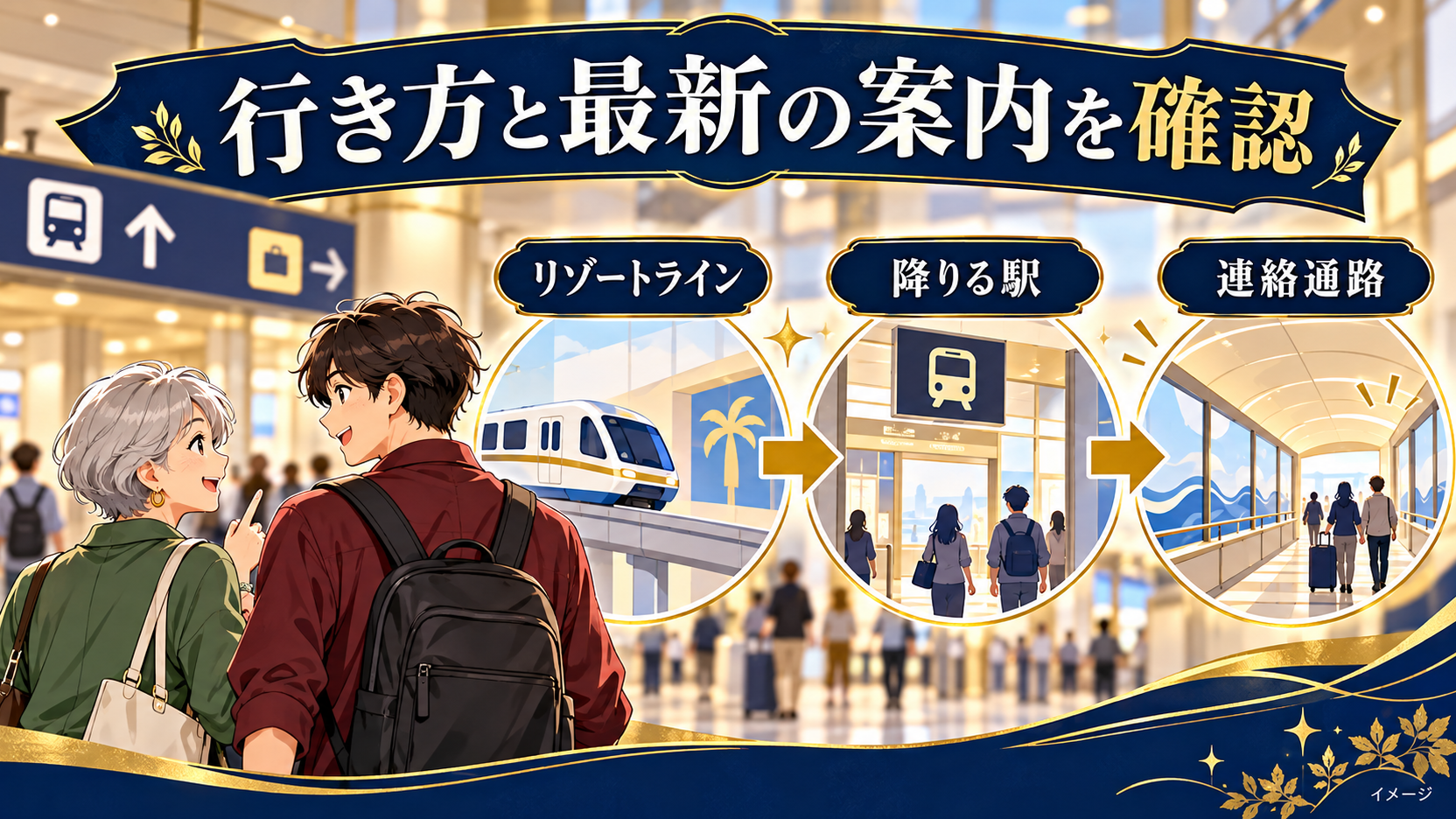 リゾートラインの降りる駅と連絡通路を確認する旅行者