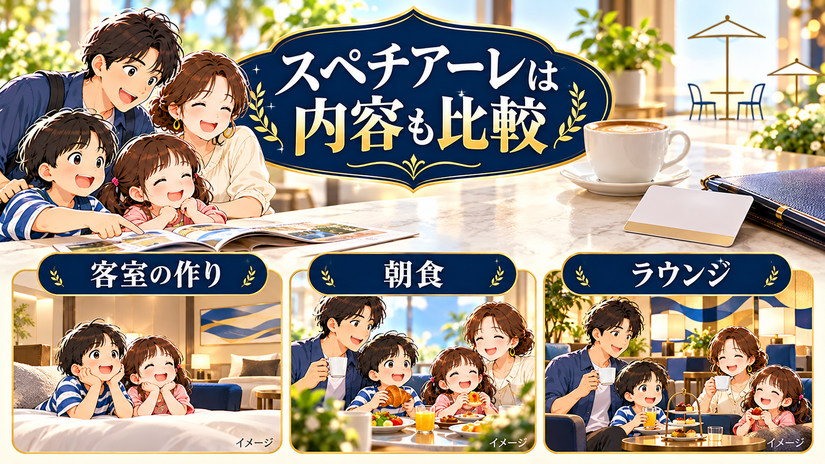 客室の作り、朝食、ラウンジの内容を比較するイメージ