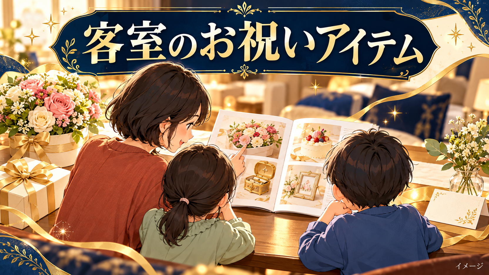 母親と子どもたちが花とお祝いカードをそばに置いて旅行の準備をするイメージ