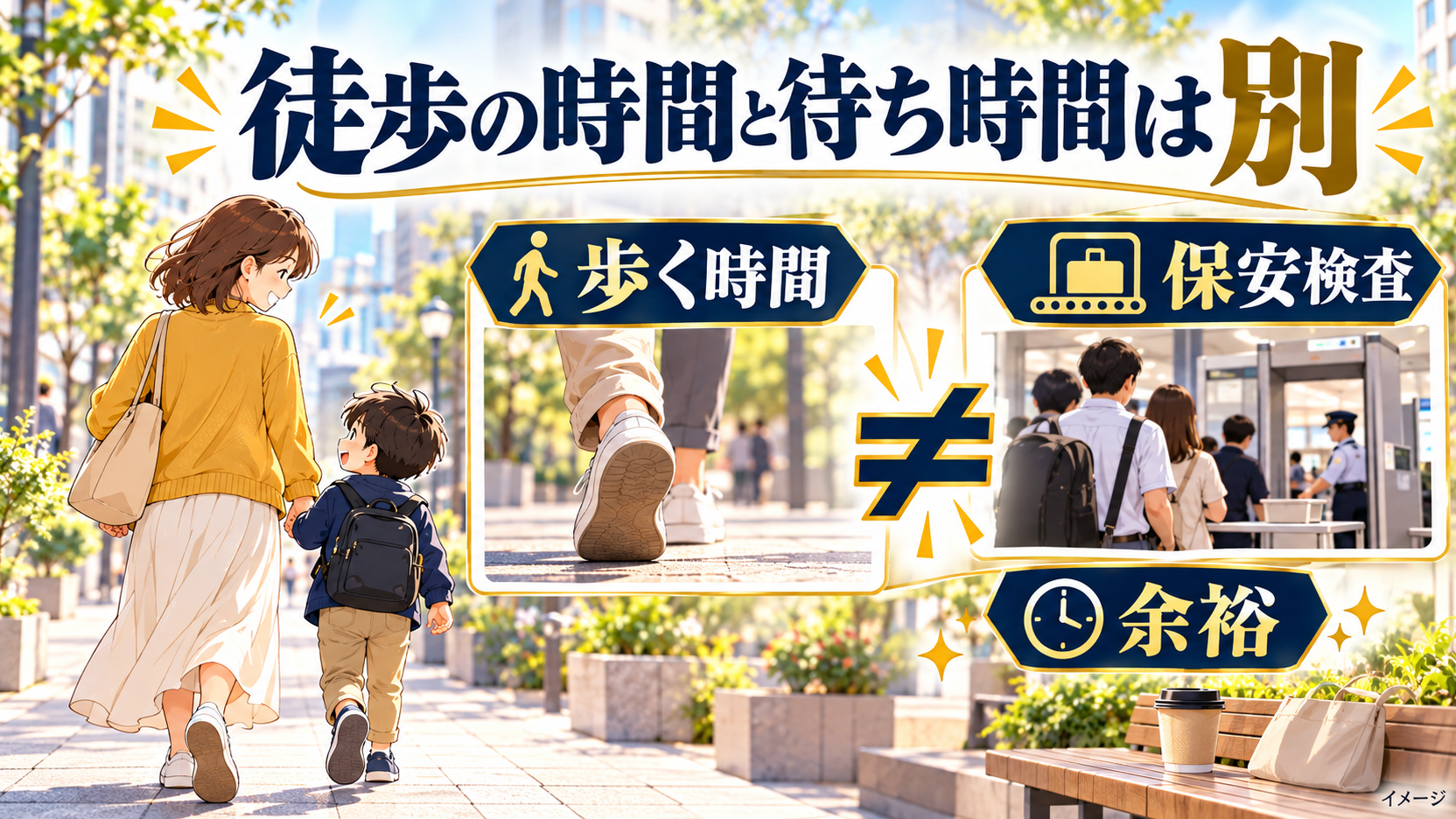 歩く時間と保安検査の待ち時間を分けて考える親子のイメージ