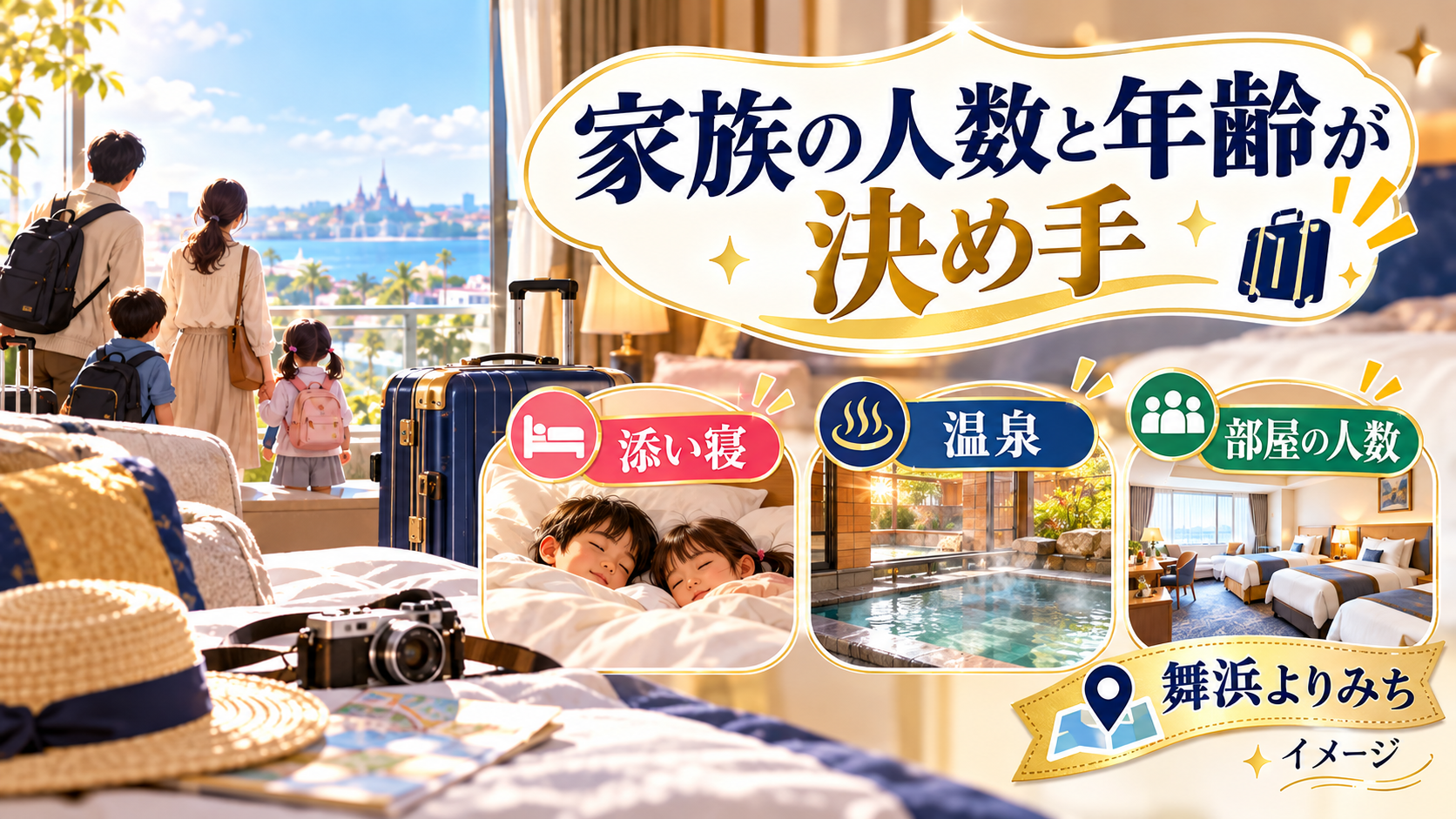 家族の人数と年齢が決め手について、添い寝・温泉・部屋の人数を整理した図解