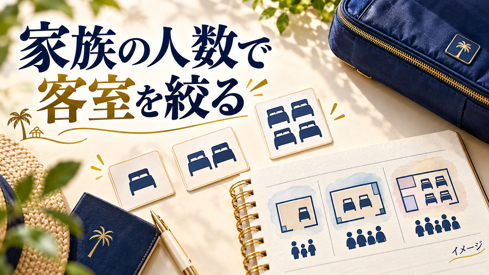 机の上に並べたベッドの記号と旅行用ポーチを使って利用前の確認点を示すイメージ