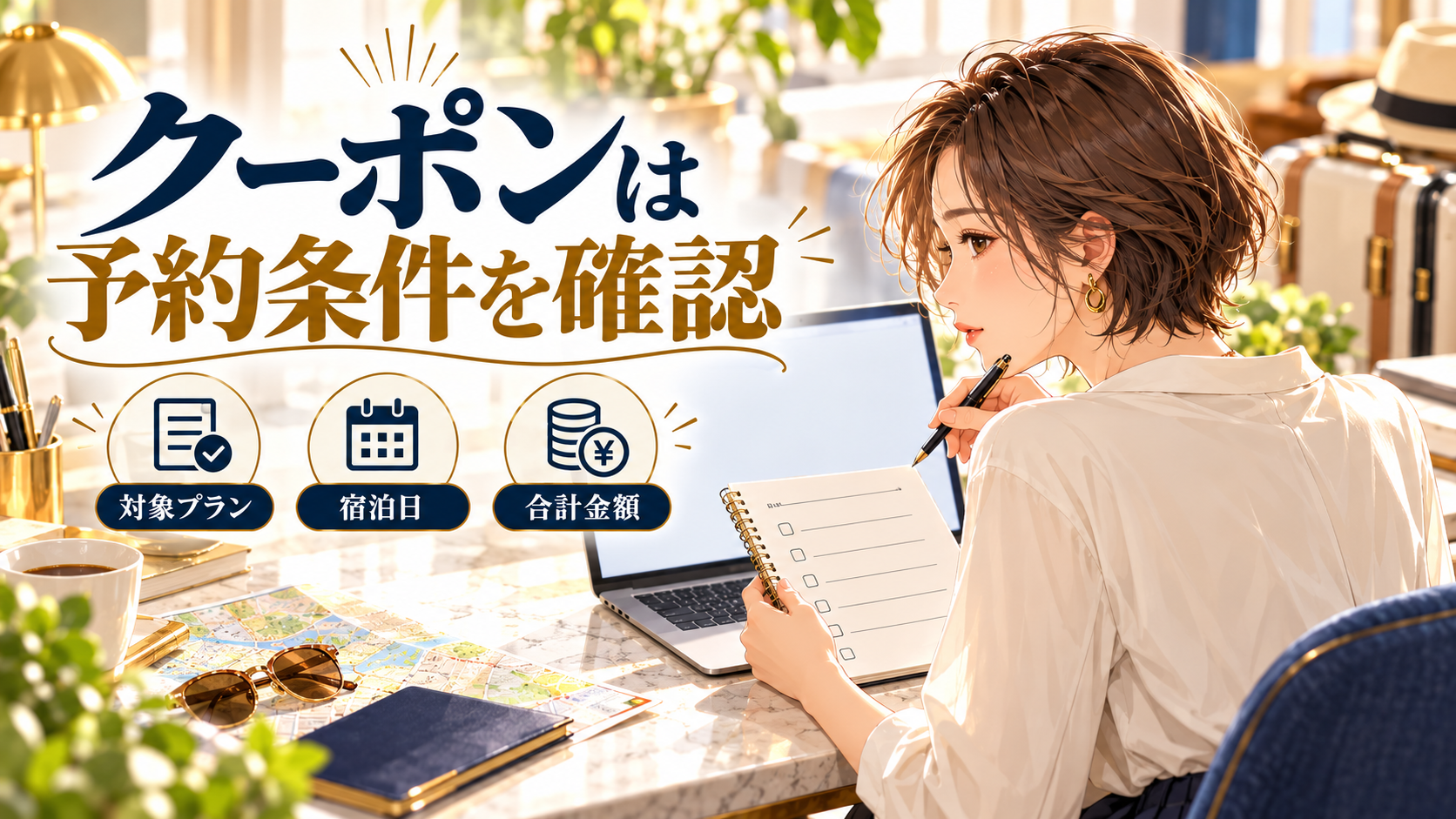 クーポンは予約条件を確認について、対象プラン・宿泊日・合計金額を旅行用品やイラストで整理した図