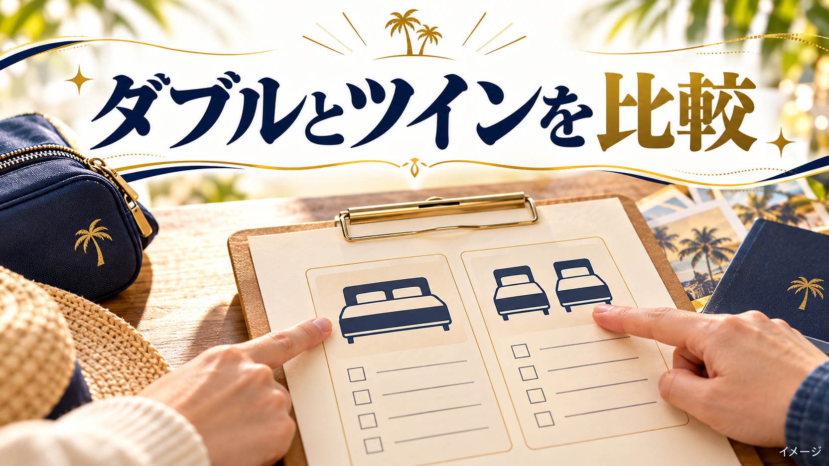 手元のチェックリストとベッドの記号と旅行用ポーチで準備する内容を確認するイメージ