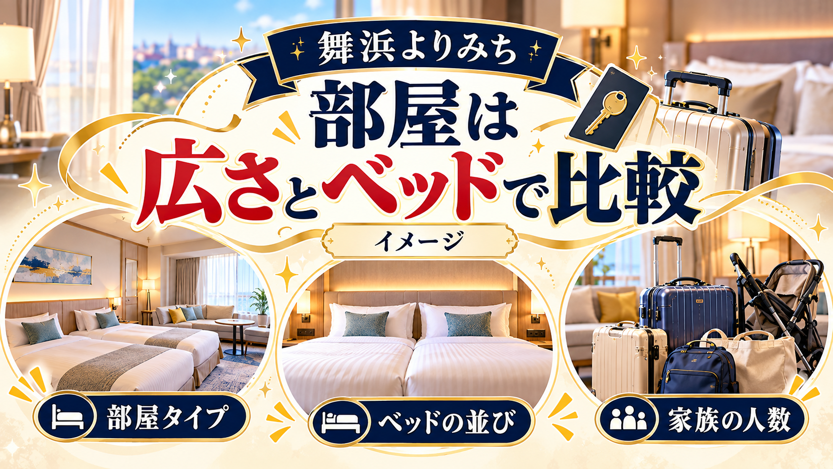 部屋は広さとベッドで比較について、部屋タイプ・ベッドの並び・家族の人数を整理した図解
