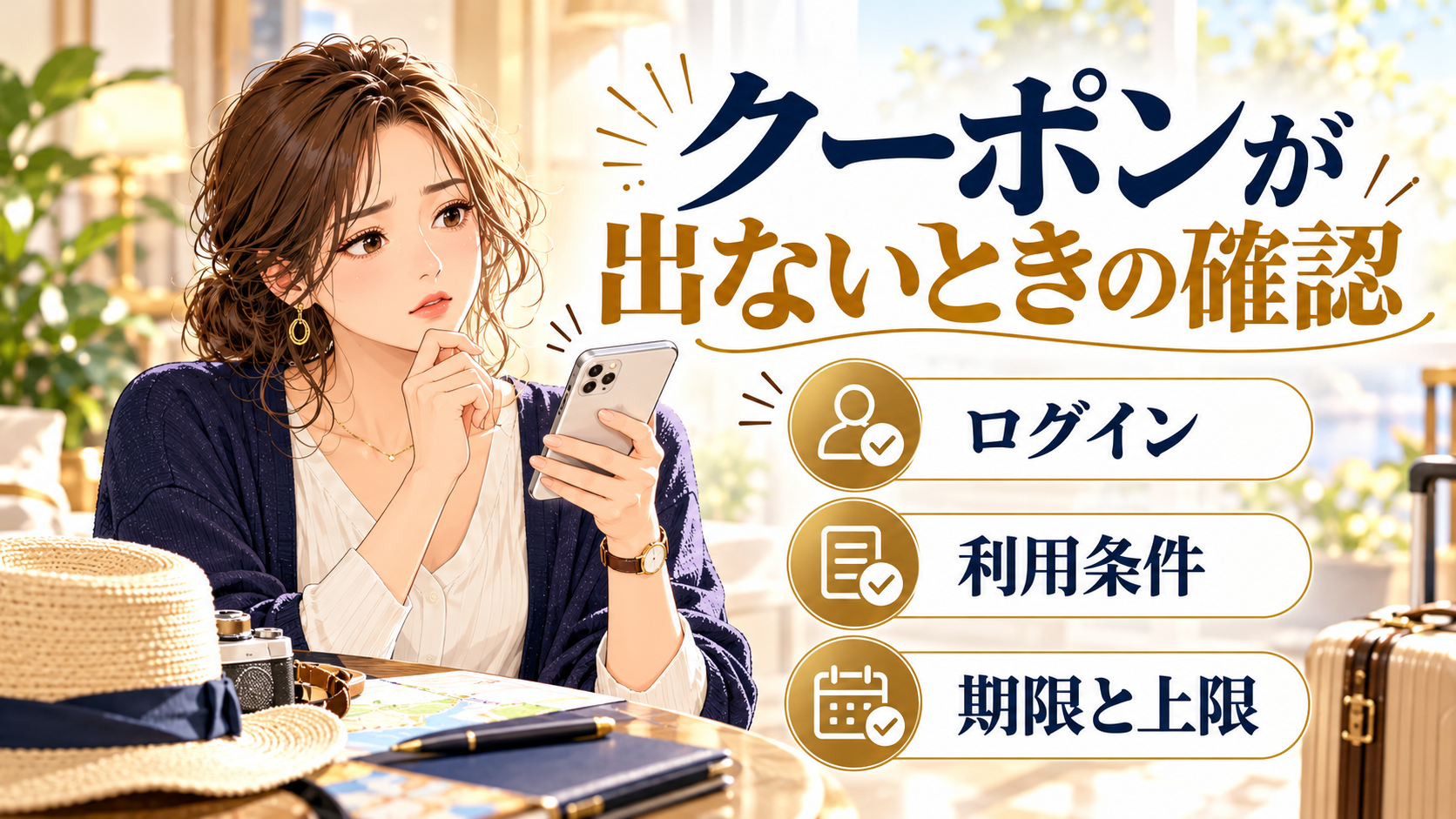 クーポンが出ないときの確認について、ログイン・利用条件・期限と上限を旅行用品やイラストで整理した図