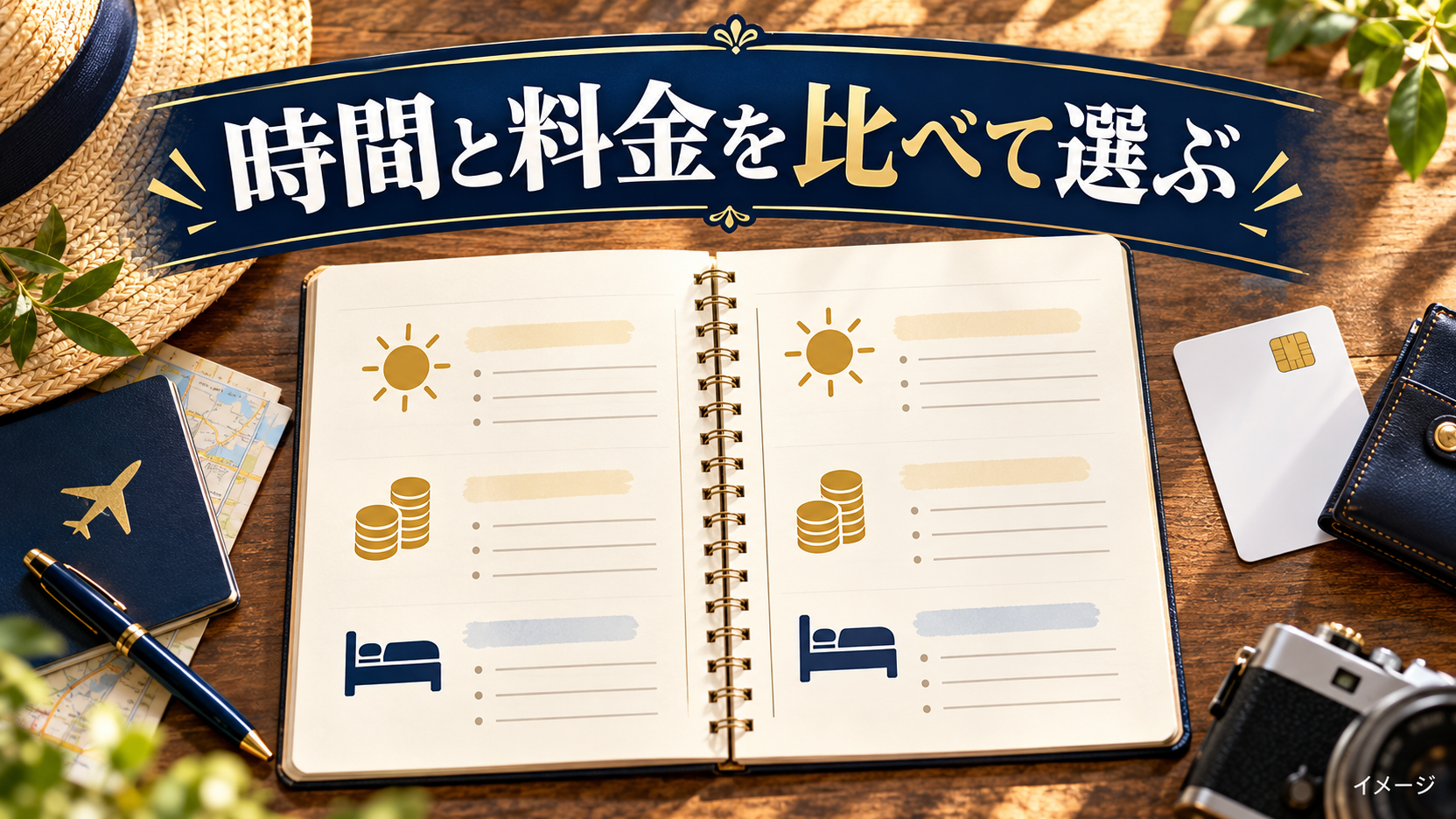 ノートに描いた太陽・ベッド・硬貨のアイコンとカードで、日帰り利用の比較点を示すイメージ