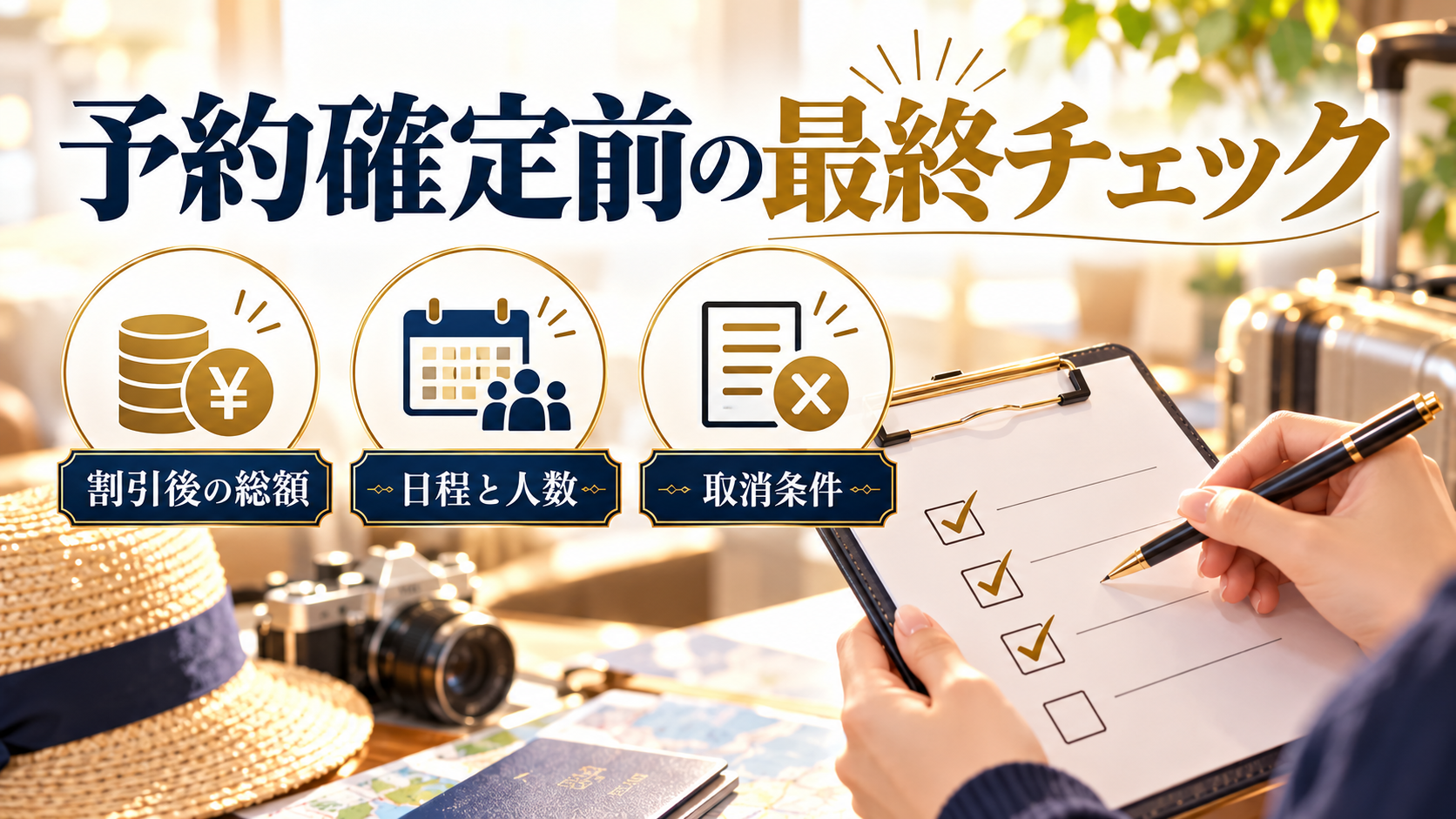 予約確定前の最終チェックについて、割引後の総額・日程と人数・取消条件を旅行用品やイラストで整理した図