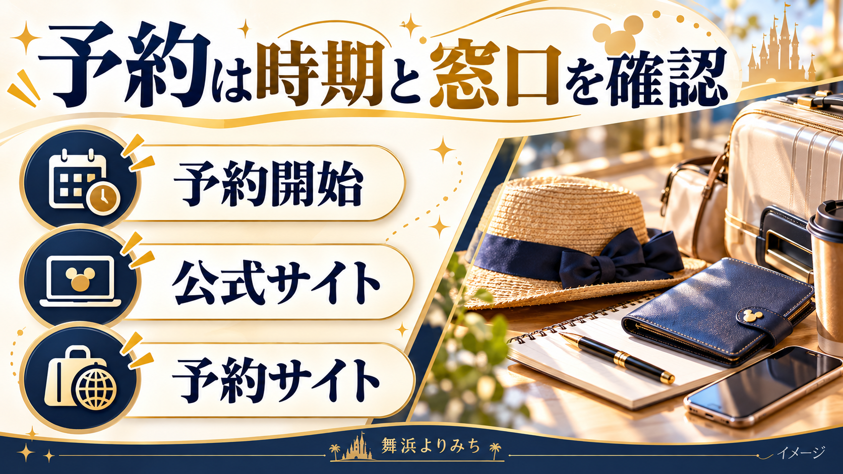 予約は時期と窓口を確認について、予約開始・公式サイト・予約サイトを示す図解