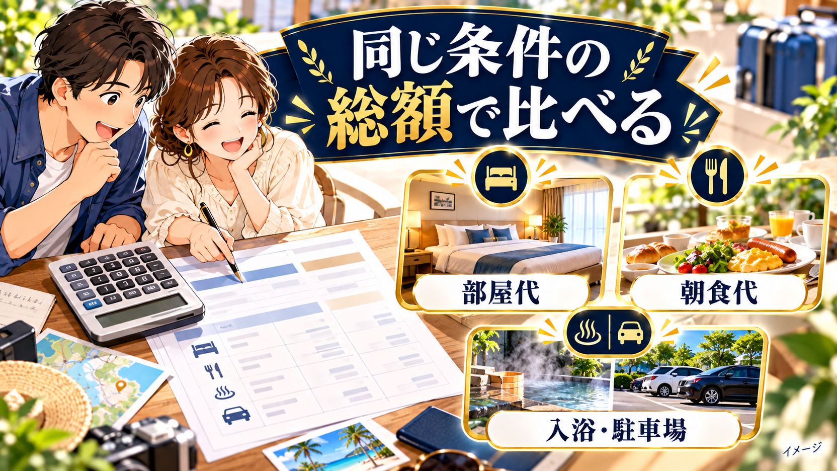 電卓と比較表を見ながら、部屋代、朝食代、入浴や駐車場の費用を整理するイメージ。