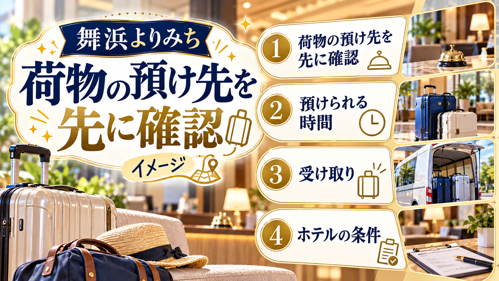 荷物の預け先を先に確認について、預けられる時間・受け取り・ホテルの条件を整理した図解