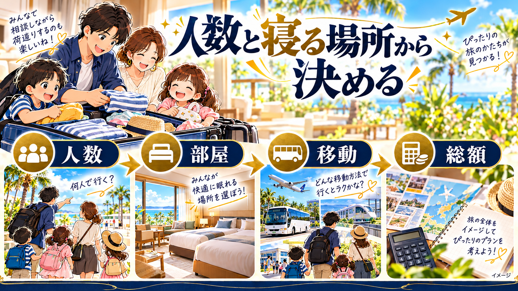 荷造りする家族と、人数から部屋、移動、総額へと確認する順番の図解。
