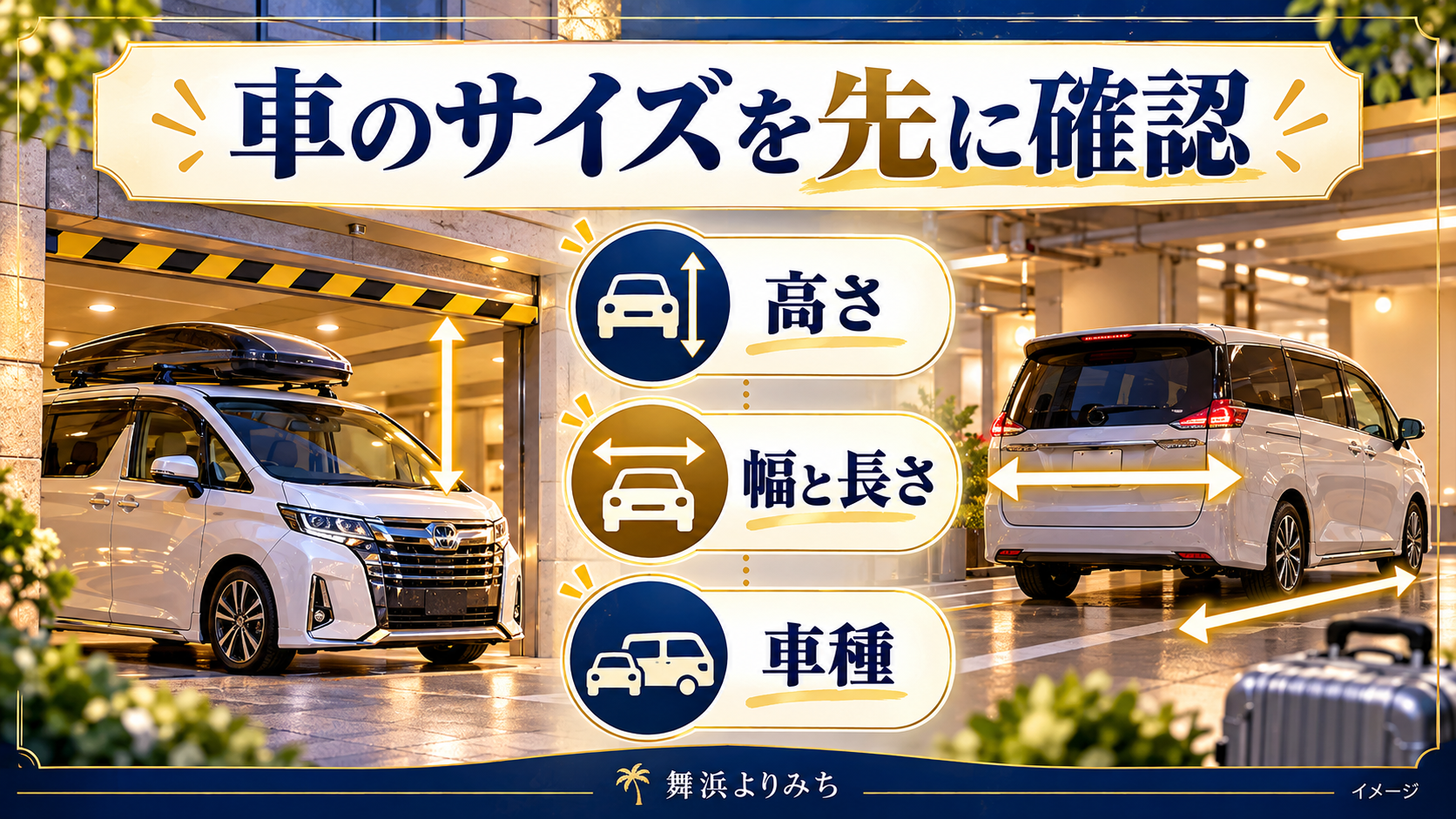 車のサイズを先に確認について、高さ・幅と長さ・車種を示す図解