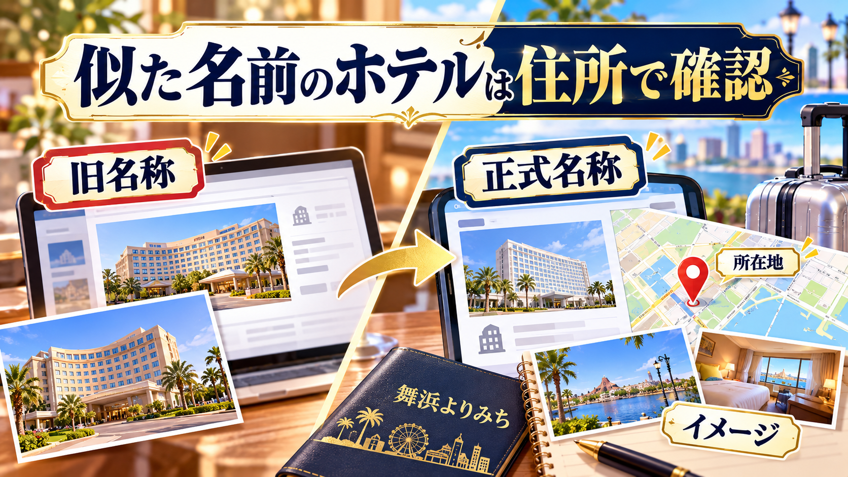 似た名前のホテルは住所で確認について、正式名称・旧名称・所在地を整理した図解