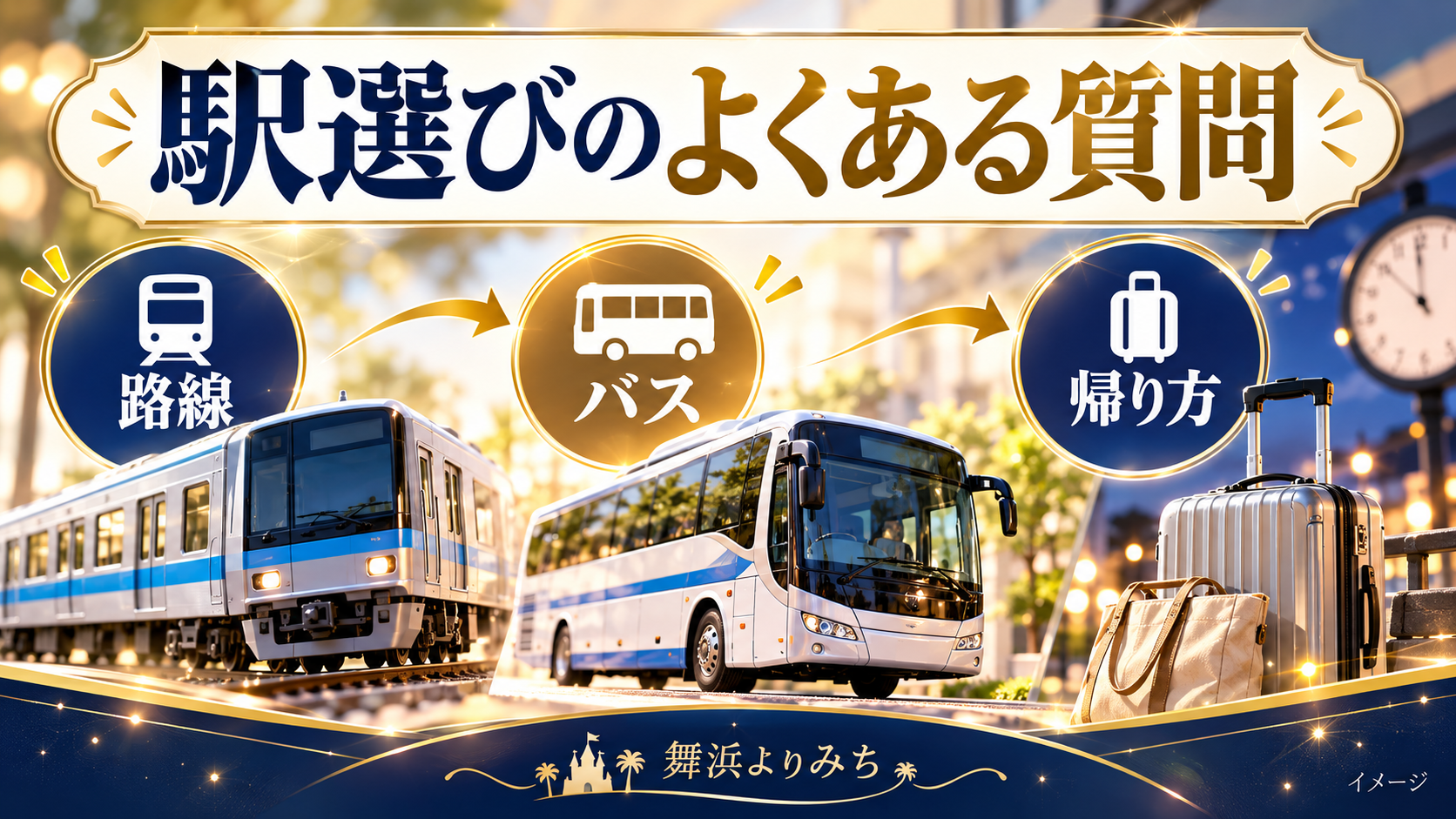 駅選びのよくある質問について、路線・バス・帰り方を示す図解