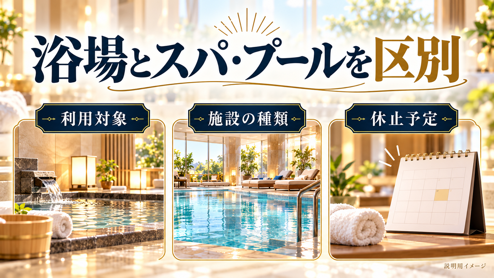 浴場とスパ・プールを区別について、利用対象・施設の種類・休止予定を旅行用品やイラストで整理した図
