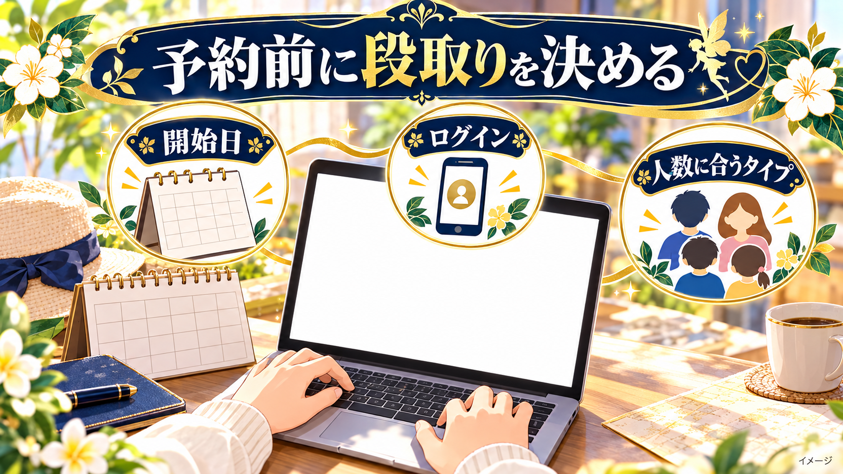 予約開始日、ログイン、人数に合う客室タイプを確認する手元