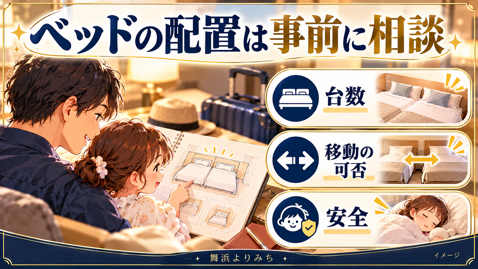 ベッドの配置は事前に相談について、台数・移動の可否・安全を示す図解