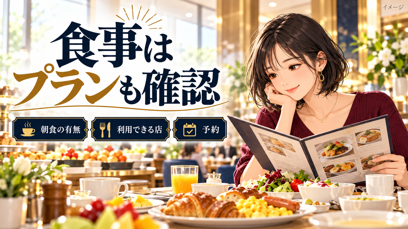 メニューを見る女性と、朝食の有無、利用できる店、予約の確認項目。