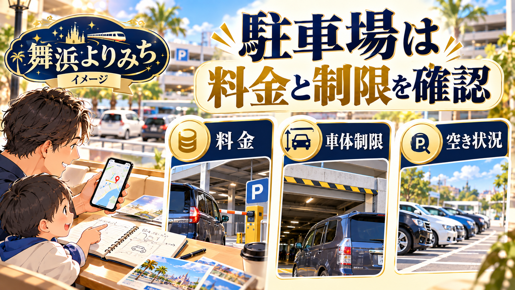 駐車場は料金と制限を確認について、料金・車体制限・空き状況を整理した図解