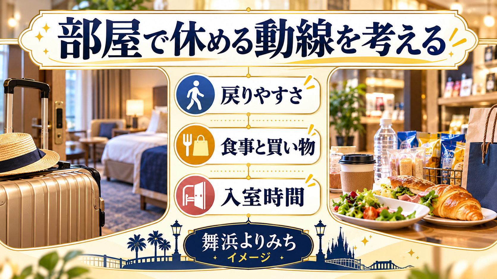 部屋で休める動線を考えるについて、戻りやすさ・食事と買い物・入室時間を整理した図解