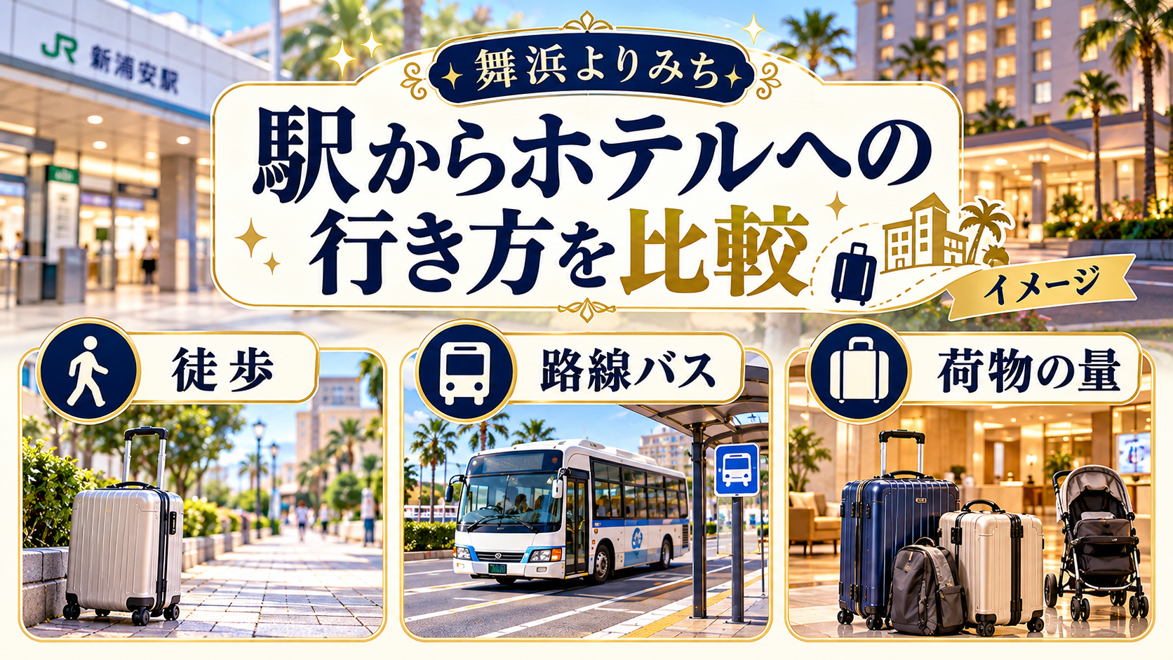 駅からホテルへの行き方を比較について、徒歩・路線バス・荷物の量を整理した図解