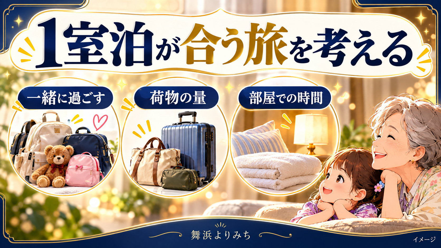 1室泊が合う旅を考えるについて、一緒に過ごす・荷物の量・部屋での時間を示す図解