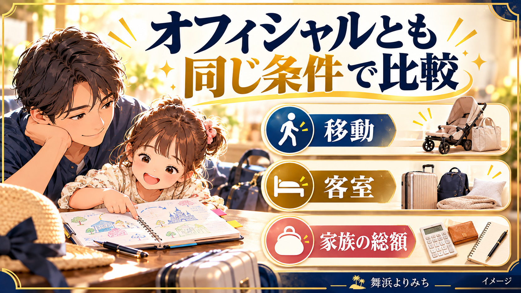 オフィシャルとも同じ条件で比較について、移動・客室・家族の総額を示す図解