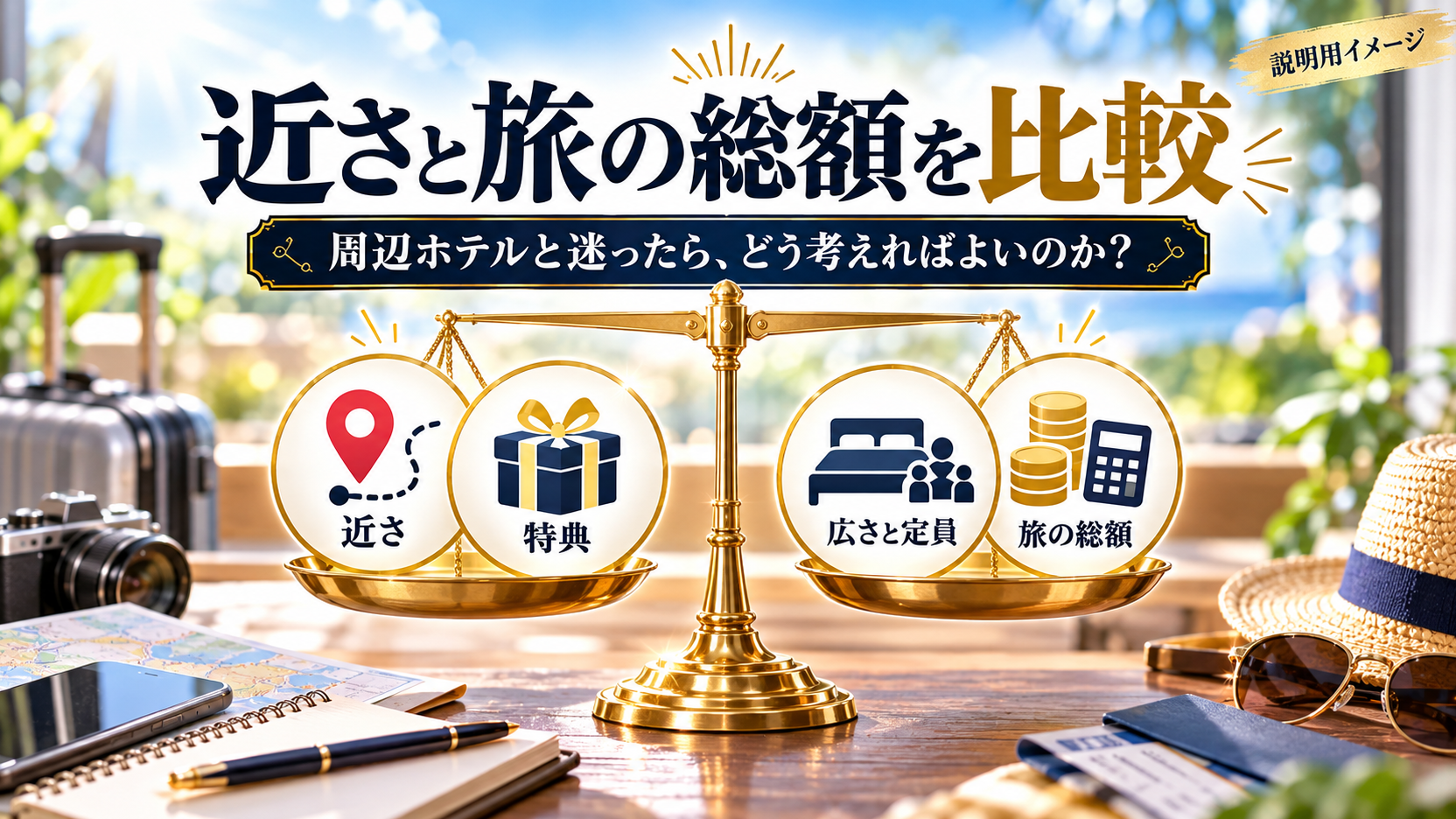 近さ、特典、広さと定員、旅の総額を天秤に載せて比べるイメージ