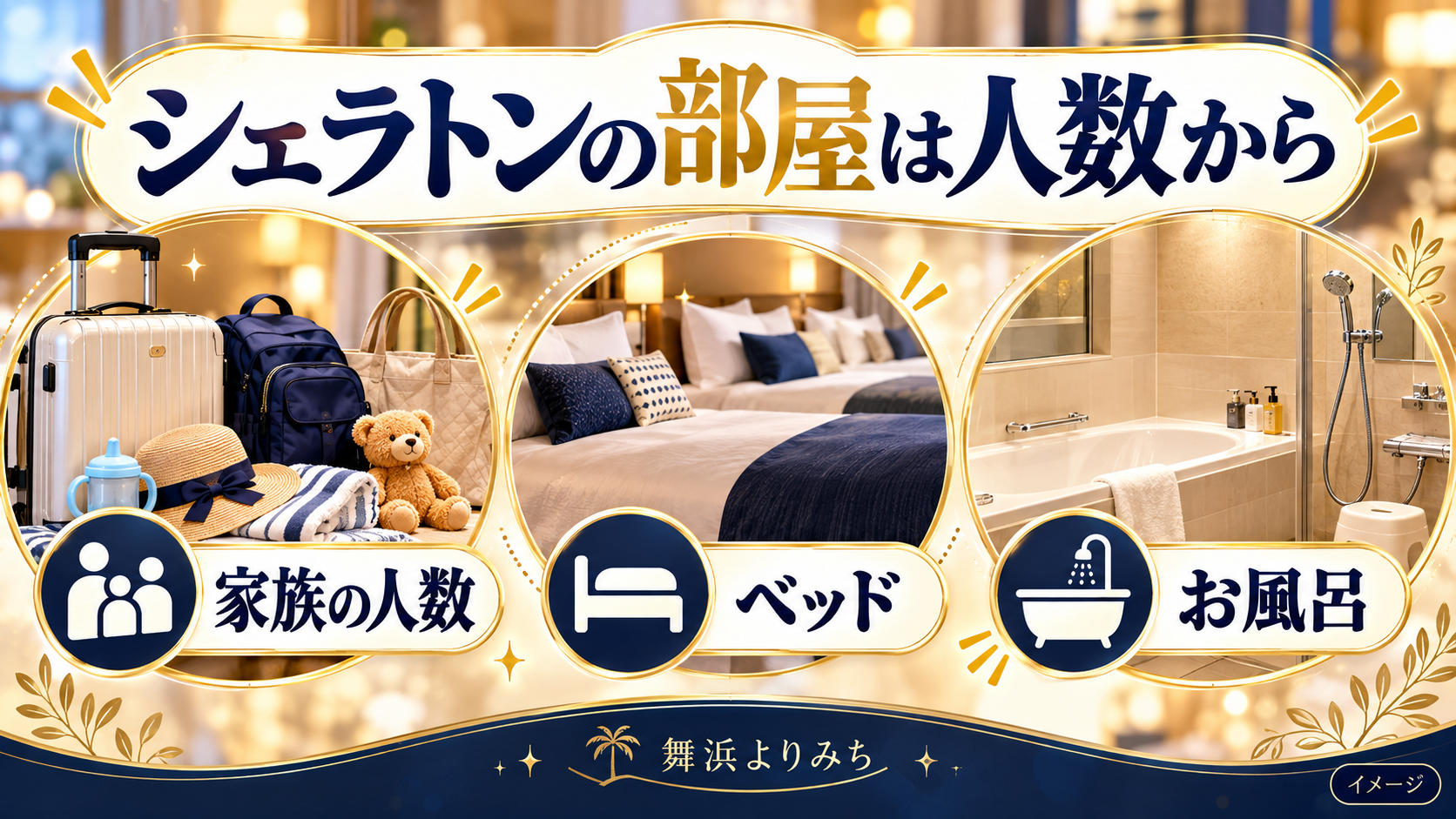 シェラトンの部屋は人数からについて、家族の人数・ベッド・お風呂を示す図解