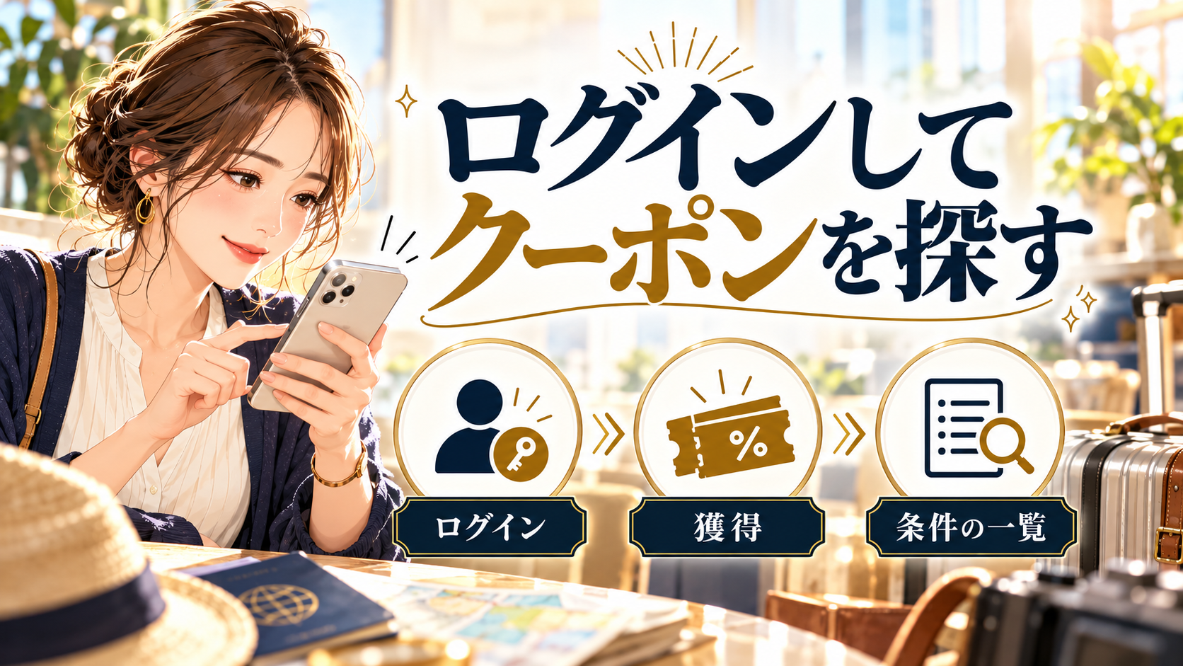 ログインしてクーポンを探すについて、ログイン・獲得・条件の一覧を旅行用品やイラストで整理した図