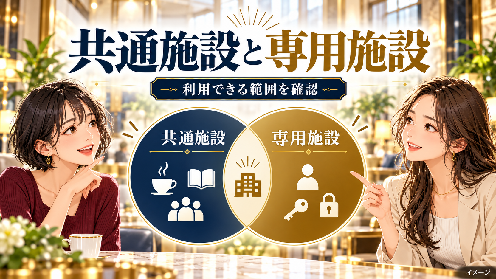 共通施設と専用施設を色の異なる円で分け、利用できる範囲を確認する図解。