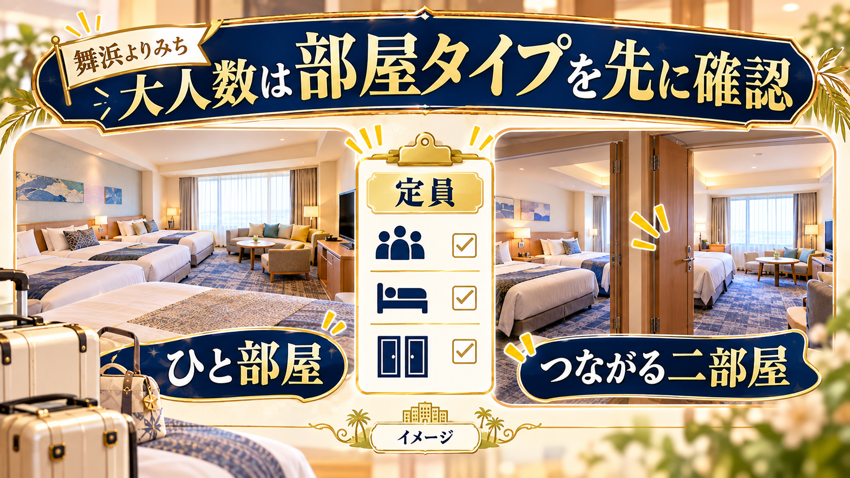 大人数は部屋タイプを先に確認について、ひと部屋・つながる二部屋・定員を整理した図解