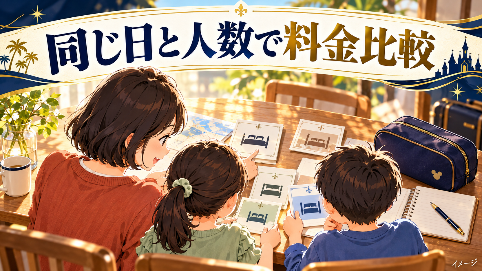 母親と子どもたちがベッドの記号と旅行用ポーチをそばに置いて旅行の準備をするイメージ