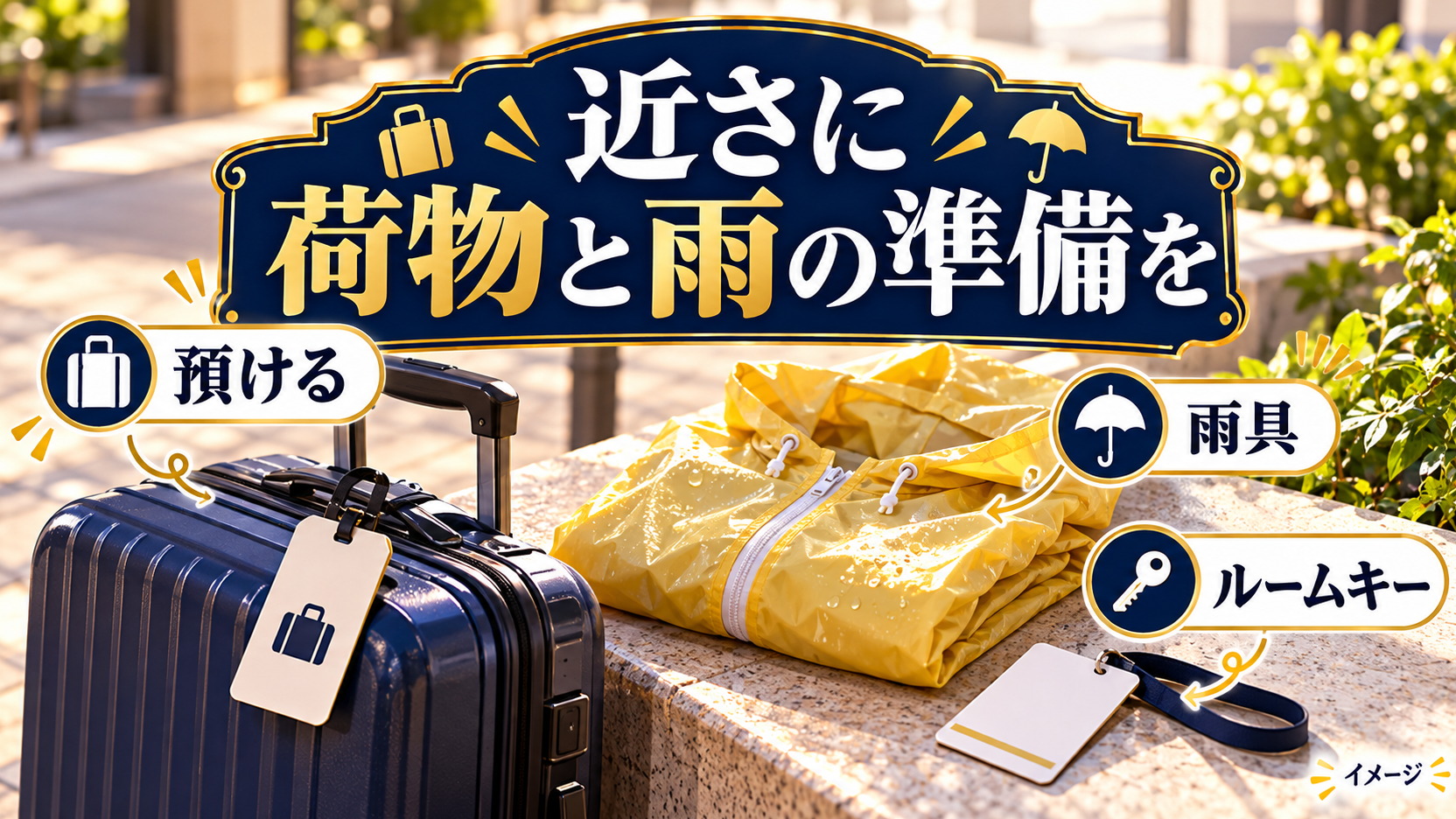 荷物の預け入れと雨具、ルームキーを準備するイメージ