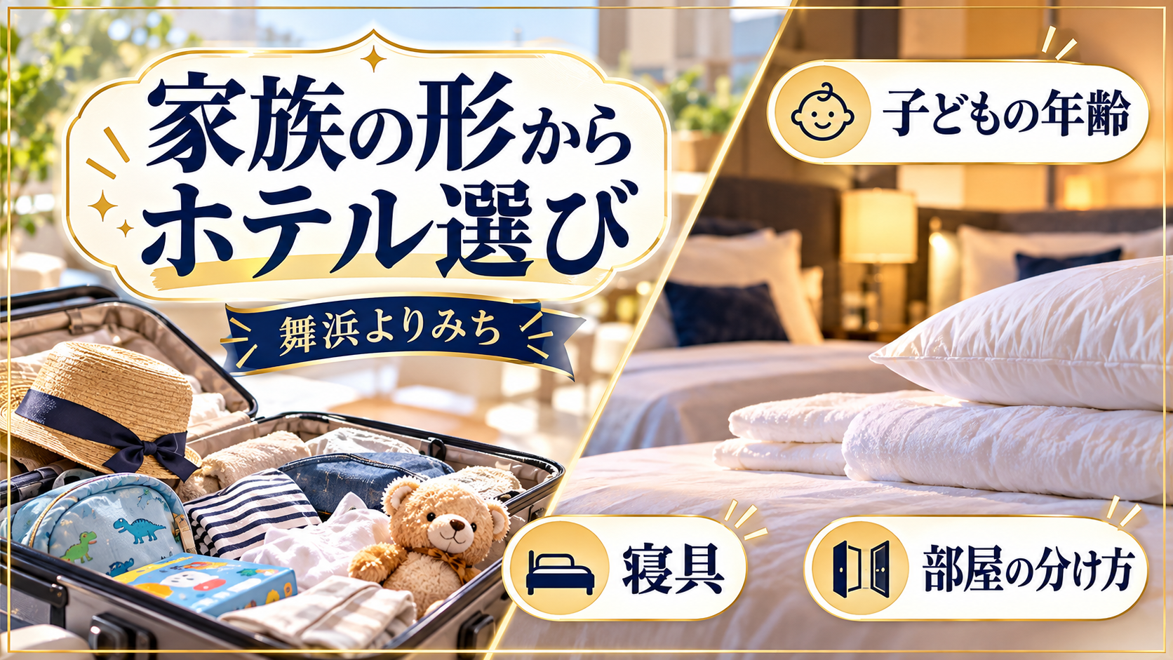 家族の形からホテル選びについて、子どもの年齢・寝具・部屋の分け方を整理した図解