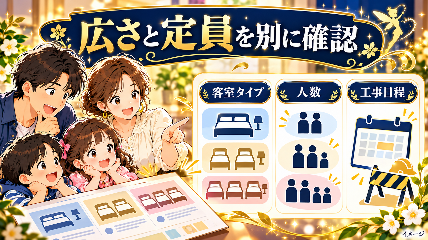 客室タイプ、人数、工事日程を確認する図