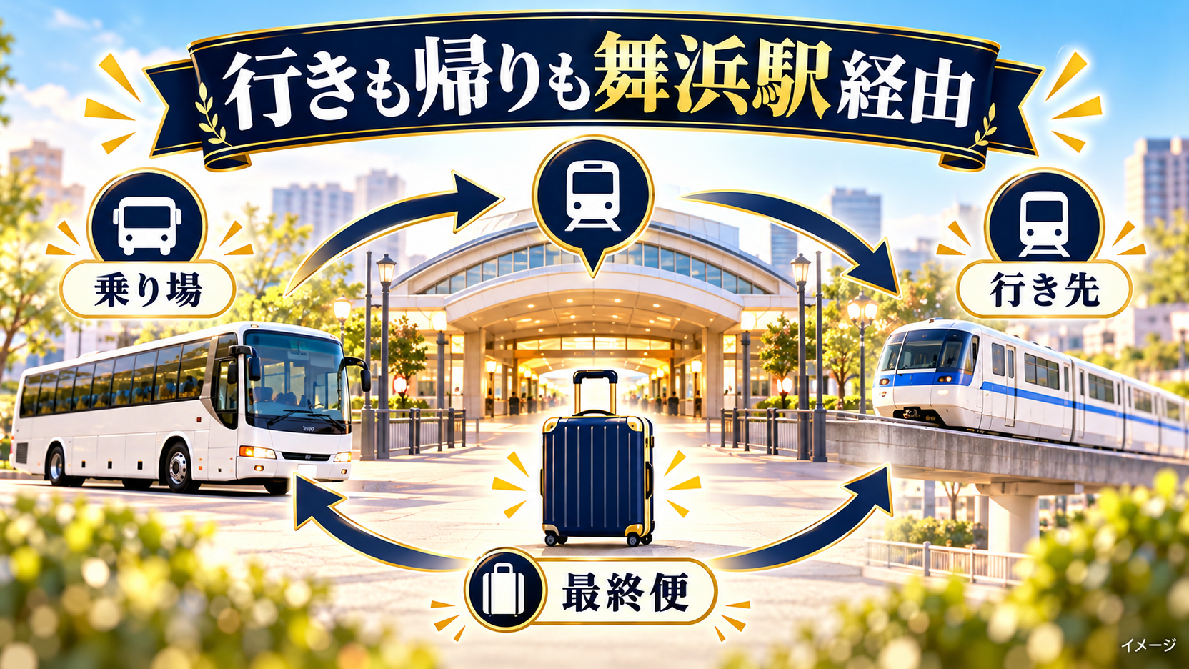 乗り場と行き先、最終便を確認する往復移動の概念図